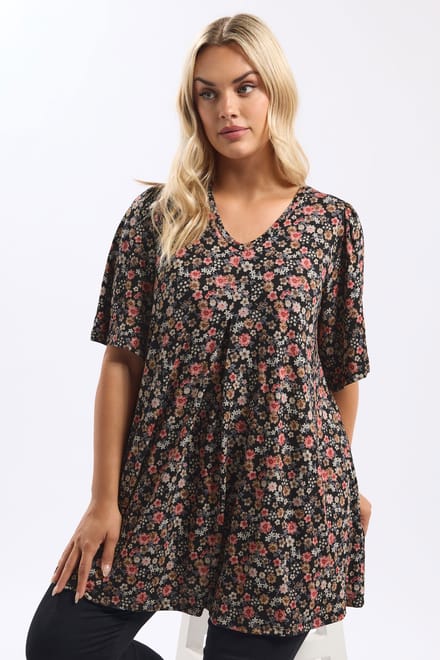 Yours Zwarte Bloemen Plooi Top Size 44