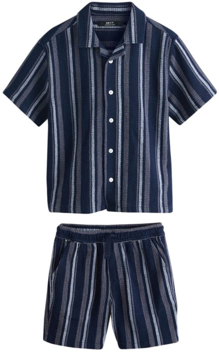 Next - Jongens - Set met korte mouwen, gestructureerd overhemd met strepen en korte broek - Blauw