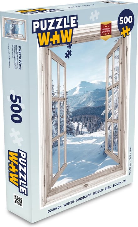 Puzzel Doorkijk - Winter - Landschap - Natuur - Berg - Bomen - Wit - Legpuzzel - Puzzel 500 stukjes