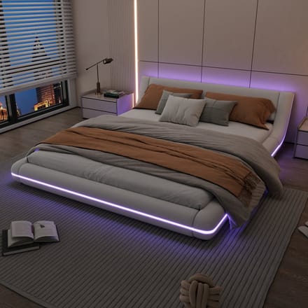 Platformbed 160x200 - Vloerbed Van PU Met Led Sfeerverlichting - Wit - Zonder Matras