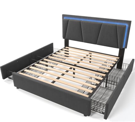 COVREO Bedframe met LED-verlichting en 4 lades – 140x200 cm – Tweepersoonsbed met verstelbaar hoofdbord – voor slaapkamer met opbergruimte – Grijs - met matras