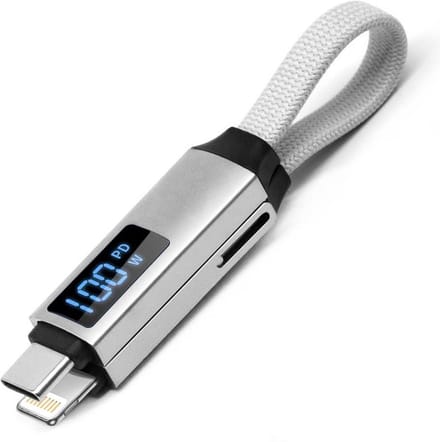 De Beste Gadgets data en Oplaadkabel 2 in 1 - Geschikt voor USB-C en Apple Lightning - Met display en sleutelring - Compact 16 cm - Zilver