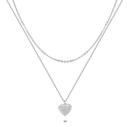 Twice As Nice Halsketting in edelstaal, dubbele ketting met hartje 40cm+8cm