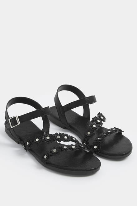Yours Zwarte Ditsy Bloemenprint Sandalen In Brede Epasvormsize 42E