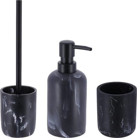 Badkamer set - WC-borstel/zeeppomp/tandenborstelbeker - grijs - marmer look - polyresin