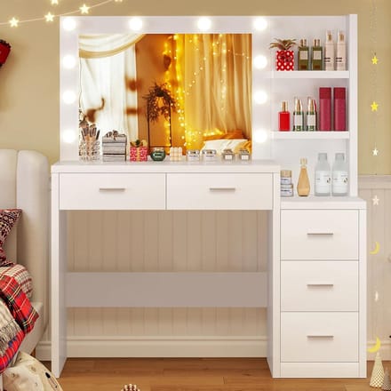 Kaptafel met Groot Spiegel en LED Verlichting - Make-up Tafel met Veel Opbergruimte en 5 Laden