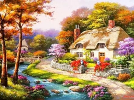 Diamond painting herfst huis rivier 30x40cm vierkante steentjes