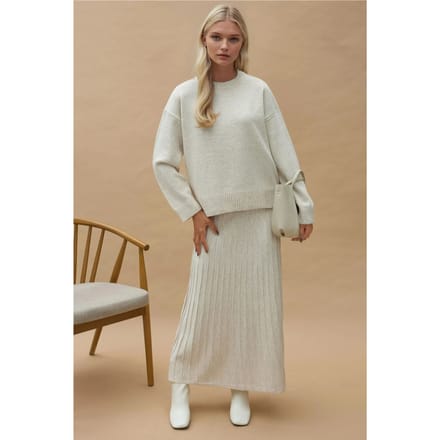 Textuur Trui & Uitlopende Rok Gebreid Co-Ord Set