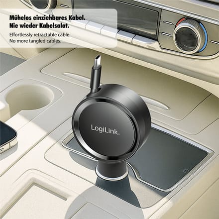 LOGILINK Professional Autolader 30 W met 80 cm uitschuifbare USB-C-laadkabel, zwart