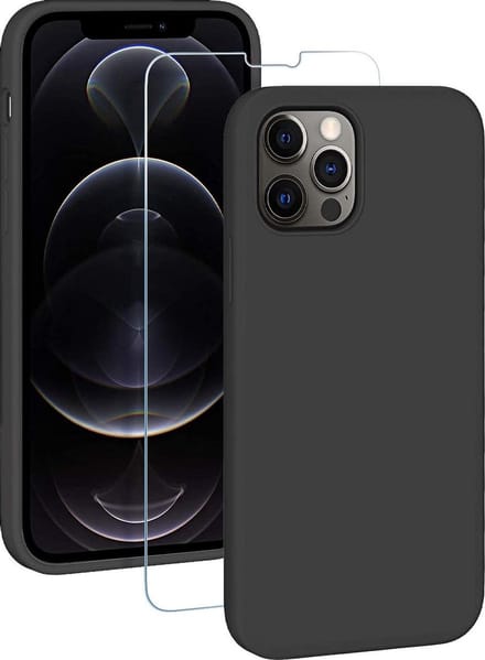 Back cover Hoesje Geschikt voor: iPhone 12 Pro Max Zwart TPU Siliconen Soft Case + 2X Tempered Glass Screenprotector