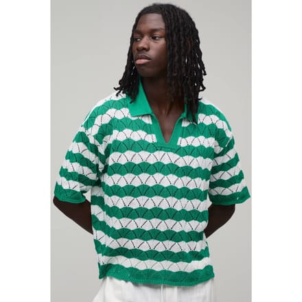 Oversized Boxy Wavy Open Stitch Knitted Polo T-Shirt | Green | Size Small