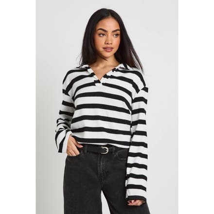 boohoo Dames Gestreepte Geborstelde Rib Rugby Top | Black/White | Maat: 6