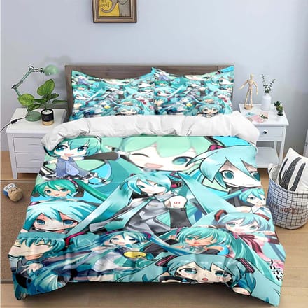 Dessin Animé Kawaii Chanteuse Virtuelle H-Hatsune-Miku Parures de Lit Ensemble de Linge de Lit Housse de Couette Ensemble Couette de Lit Ensemble de Linge de Lit Cadeau 150*200cm 3pcs