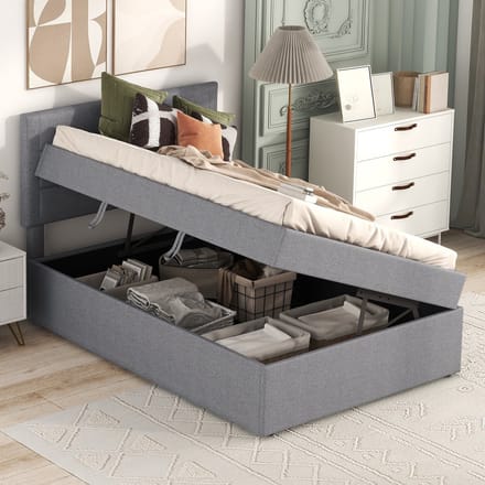 MODFU Bedframe 90x200 cm – grijs linnen – met opbergruimte en lattenbodem, minimalistisch