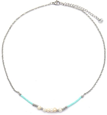 Ketting Kralen en Parels - RVS - Lengte 39-44 cm - Zilverkleurig