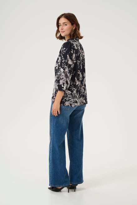 Blouse met lange mouwen A-shape Black/White Painted Flower floral