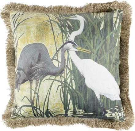 Kussen fluweel blauwe reiger gouden franjes 45x45cm