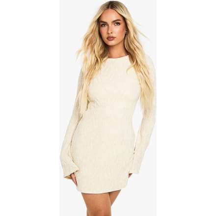 boohoo Dames Getextureerde mini-jurk met klokmouwen | Cream | Maat: 16