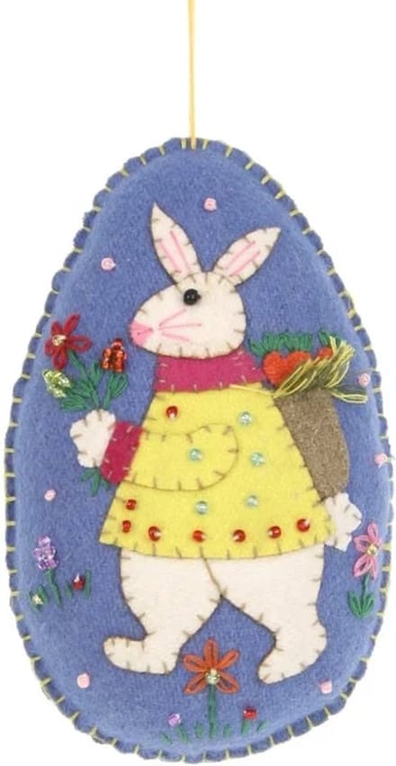 Ei blauw met haas en bloemen, vilt 9x5,5x12,5cm