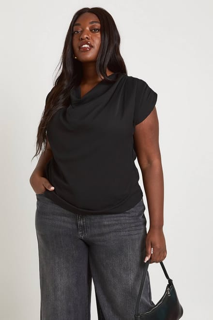boohoo Dames Plus Chiffon Hoge Col Top | Zwart | Maat: 48