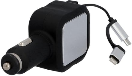 Cartrend dubbele USB autolader met uitschuifbare micro-USB kabel, zwart