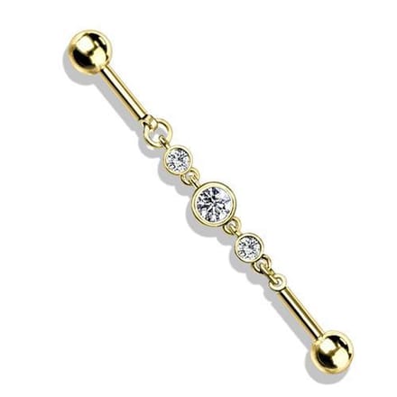 Industrial piercing PVD 3 ronde CZ steentjes ketting - goud - LMPiercings
