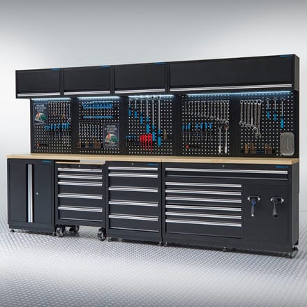 Datona® Werkplaatsinrichting PREMIUM met eiken werkblad - 490 cm breed - Zwart