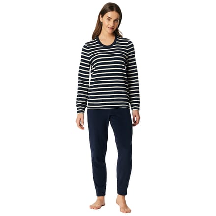 SCHIESSER dames Cotton Essentials Pyjama lang - dames pyjama set - nachtblauw gestreept