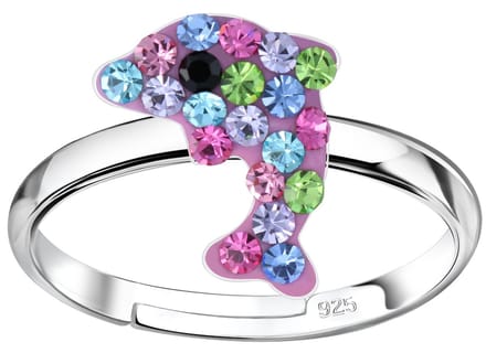 Joy|S - Zilveren dolfijn ring - verstelbaar - multicolor kristal - voor kinderen