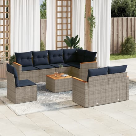 vidaXL - 9-delige - tuinbankset - met - kussens, - grijs - polyrotan