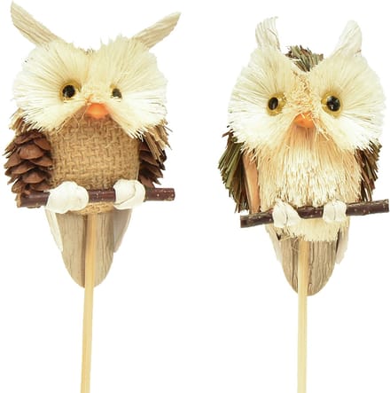Uil decoratieve bloempluggen herfstdecoratie naturel Ø4cm H8cm 4st, 4