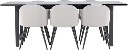 Oslo eethoek eetkamertafel 100x220cm zwart en 6 Skagen stoel velours grijs.