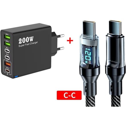 Chargeur de téléphone portable USB Type C 6 en 1 Total 200W USB3.0 PD3.0 Charge Super Rapide Adaptateur d'alimentation pour iPhone Xiaomi Samsung eu plug noir