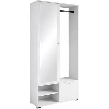 Moderne garderobekast 90 cm hal kast met spiegel planken en roede mat wit