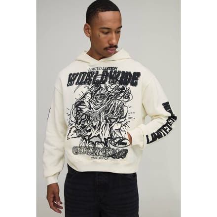 Ecru Oversized Boxy Limited Edition Hoodie Met Reaper Print | Size XS