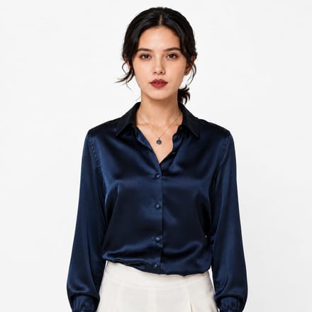 Satijnen Dames Blouse Blauw - Glimmend - Overhemd - Lange Mouwen