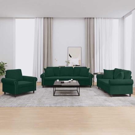 vidaXL - 3-delige - Loungeset - met - kussens - fluweel - donkergroen