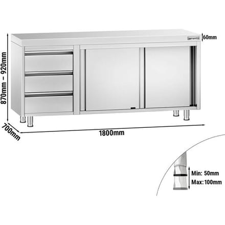 GGM Gastro RVS Werkkast PREMIUM - 1800x700mm - met 2 schuifdeuren, 3 laden links zilver
