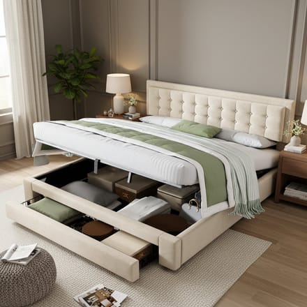 Gestoffeerd Bed - 160x200 cm - met Lades en Lattenbodem - Grote Opbergruimte - Fluweel - Beige