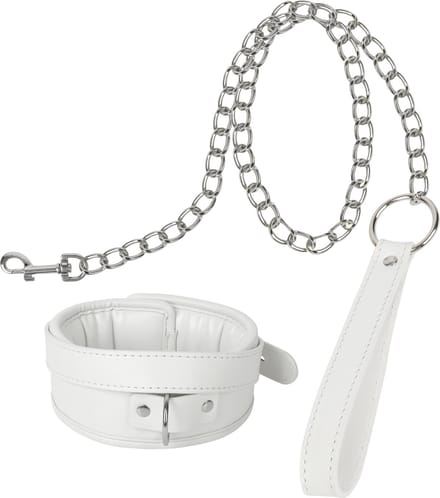 Banoch - Collar & leash White - Halsband en Riem - wit imitatieleer - bondage