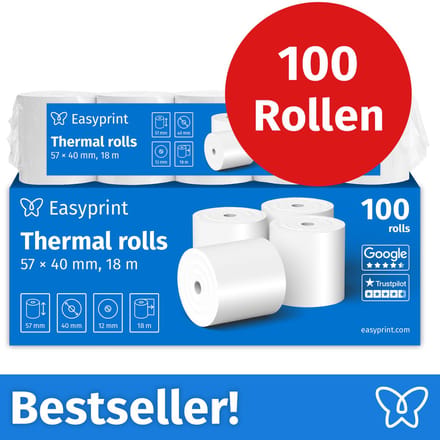 NIEUW: Easyprint Thermische Rollen / Kassarollen, 100 Rollen, 57mm x 40mm x 12mm, 18m, Testwinnaar, PEFC-gecertificeerd, voor EPSON, IBM e.a.