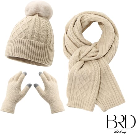 BRD® Winter | Drie delig Winter set voor dames Beige | Gevoerde muts met pompon, sjaal en handschoenen