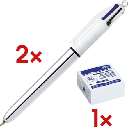 2x 4-kleuren balpen »4 Colours Shine« incl. 1x kubus herkleefbare notes wit 75x7