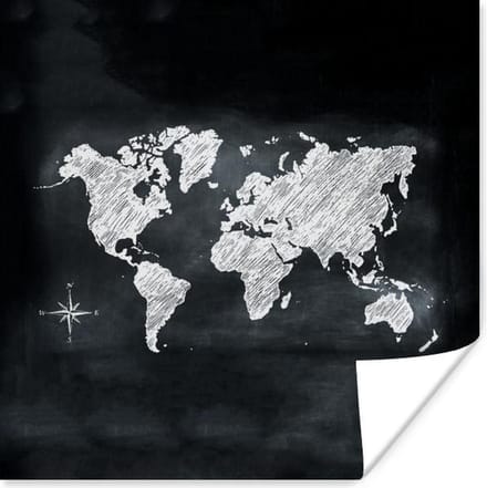 Muurdecoratie - Wereldkaart - Wit - Krijtbord - 50x50 cm - Poster