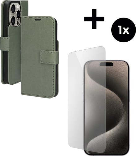 Mobiparts Classic Wallet hoesje geschikt voor Apple iPhone 15 Pro met 1 Screenprotector van Gehard Glas - Groen