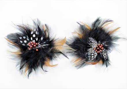 2 x Pompon Hair Feather Clip Brown-White-Black