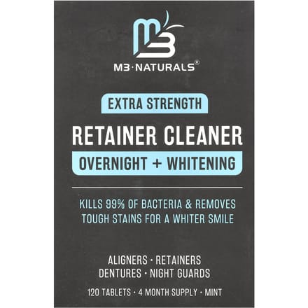 M3 Naturals, Retainer Cleaner, Overnight + Whitening, Extra Strength, Mint, 120 Tablets white