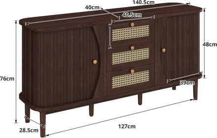 Dressoir, ladekast van rotan, ladekast met schuifdeuren, verstelbare planken en afgerond blad.