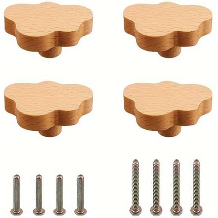 4/8 pcs Boutons de Commode Bohémiens, Boutons de Tiroir en Hêtre Naturel, Poignées de Commode en Bois Forme Nuage avec Vis pour Placards, Meubles, Tiroirs 4pcs