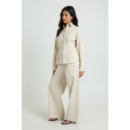 boohoo Dames Chambray Wijde Pijpenbroek Met Trekkoord | Ecru | Maat: 36